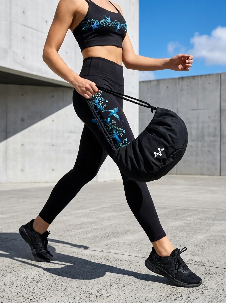 Bluebird embroidery set — sports bra and leggings with blue bird print, styled with the ABIRA gym bag