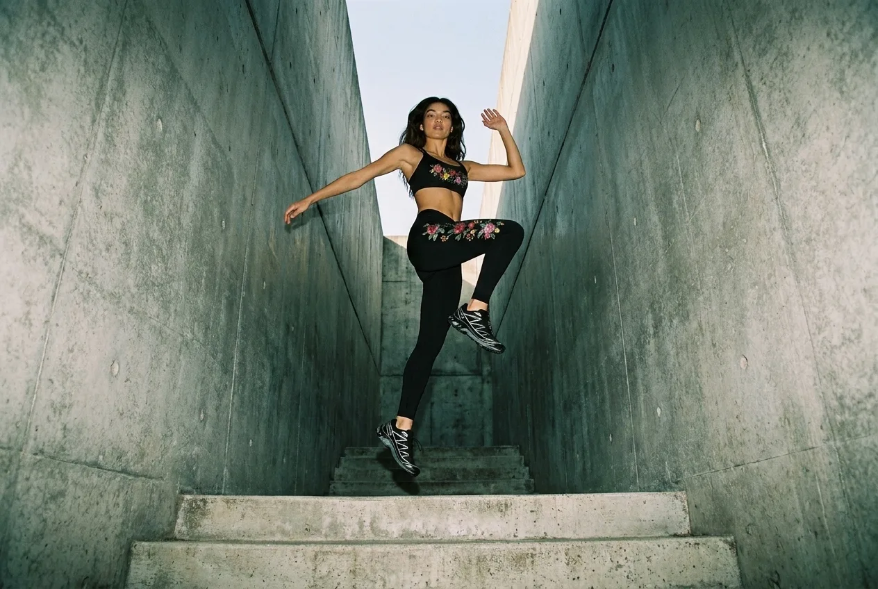Rose embroidery set worn mid-jump on a concrete stairway