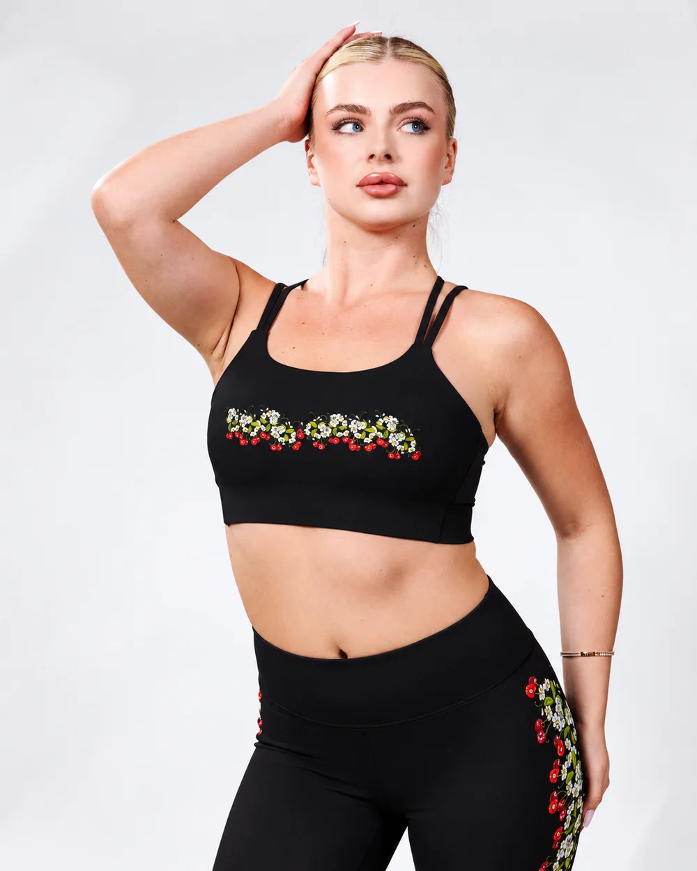 Close view of the Cherry Blossom bra with blossom and cherry embroidery